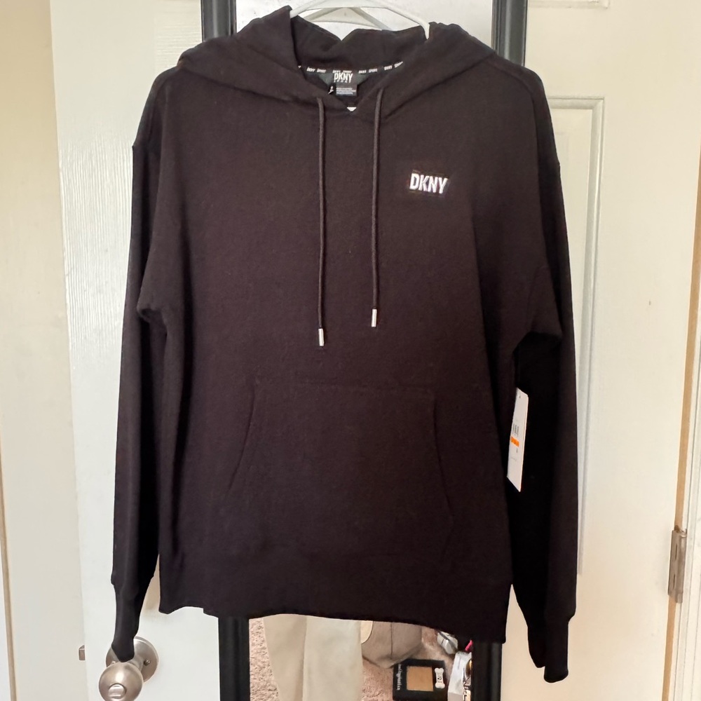 DKNY Black Hoodie with Textured Cotton-Blend and Drawstrings